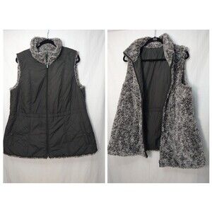Womens Reversible Faux Fur/Puffer Vest Full Zip Gray Quilted Sz XL Sherpa